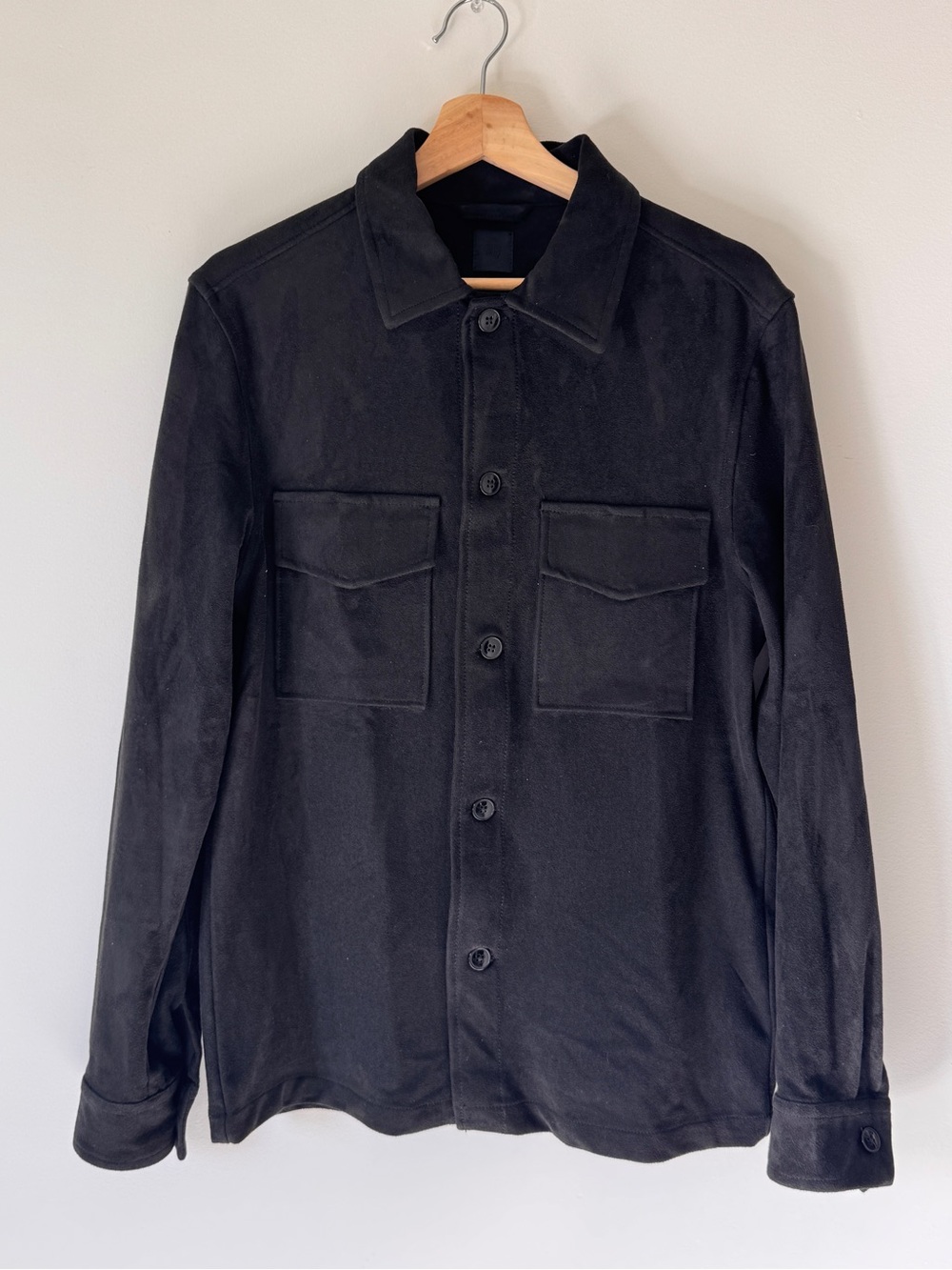 H&M Black Lightweight Shirt Jacket in soft imitation suede. Flap chest pockets.